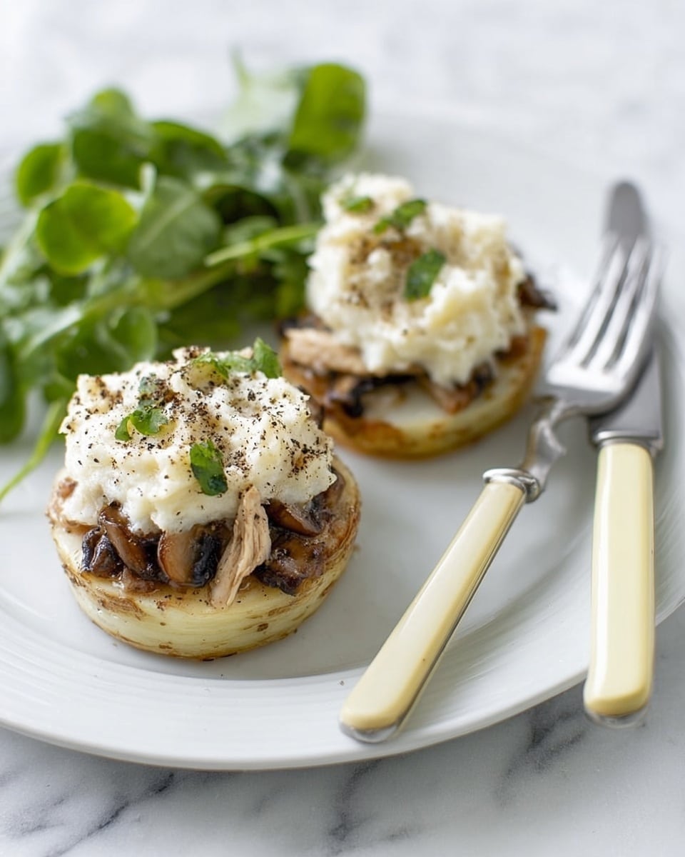 The image shows two small stacked dishes on a white plate placed on a white marbled surface. Each dish has a base layer of a round, light golden vegetable, topped with a layer of shredded brown mushrooms or meat. On top of this is a generous dollop of mashed potato with a fluffy texture that looks slightly toasted on the edges. To the left side of the plate, there is a small bunch of fresh green leafy watercress. A silver fork and a knife with a pale yellow handle rest on the right edge of the plate. The colors are soft and warm, focusing on the earthy tones of the food and fresh greens. photo taken with an iphone --ar 4:5 --v 7