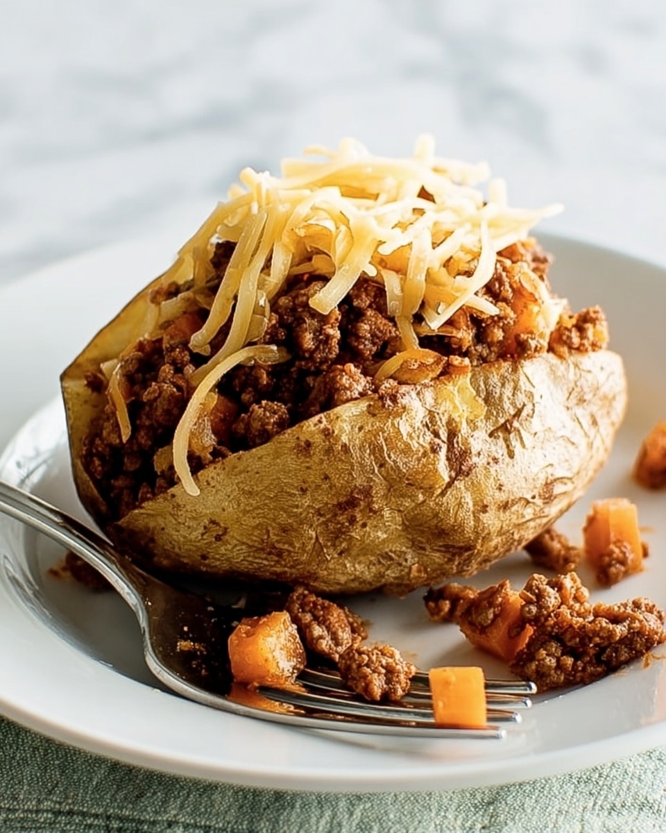 A baked potato with a crispy, golden brown skin is split open on a white plate. On top, there is a thick layer of cooked ground beef mixed with small orange carrot cubes, rich and crumbly, covering the potato center and spilling slightly onto the plate. Lightly melted shredded cheese is sprinkled over the beef, adding a creamy touch with slightly melted edges. A fork rests on the plate's right side, its prongs near the potato. The white plate sits on a cloth with green and white checkered patterns, all placed against a white marbled background. Photo taken with an iphone --ar 4:5 --v 7