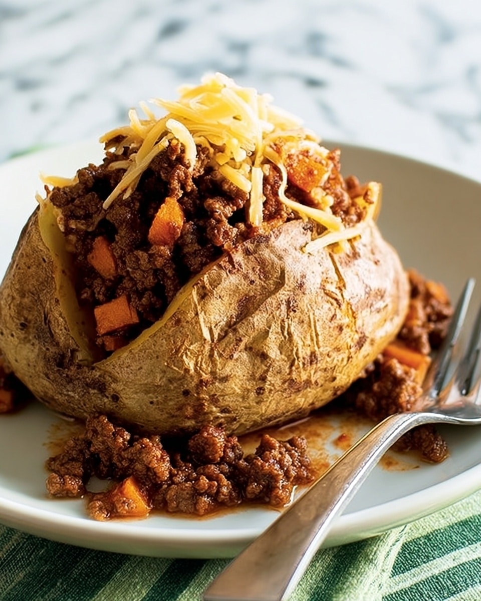 A large baked potato, split open and placed in the center of a white plate, sits on a white marbled surface with a green and white cloth underneath. The potato skin is golden and crisp, while the inner part is fluffy and pale yellow. It is topped with a thick heap of browned ground meat mixed with small orange carrot cubes, covering the potato fully and spilling slightly onto the plate. A light sprinkle of melted cheese, creamy and off-white, is draped over the meat, especially at the top center. A shiny silver fork leans on the right side of the plate, touching the potato. Photo taken with an iphone --ar 4:5 --v 7