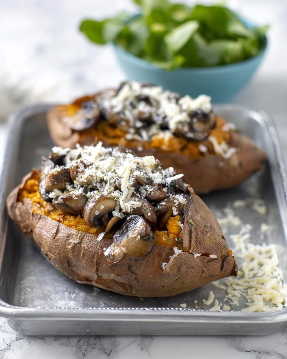 Two baked sweet potatoes cut open and placed on a silver tray on a white marbled surface. Each sweet potato has a rough brown skin and is split in the middle to reveal soft orange flesh inside. The filling consists of several thick slices of sautéed mushrooms in a dark brown color, piled high into the potatoes. Finely grated white cheese is sprinkled evenly over the mushrooms and some cheese bits are also around the potatoes on the tray. In the background, a white bowl with green leafy salad is partially visible. The overall look is warm and rustic. photo taken with an iphone --ar 4:5 --v 7