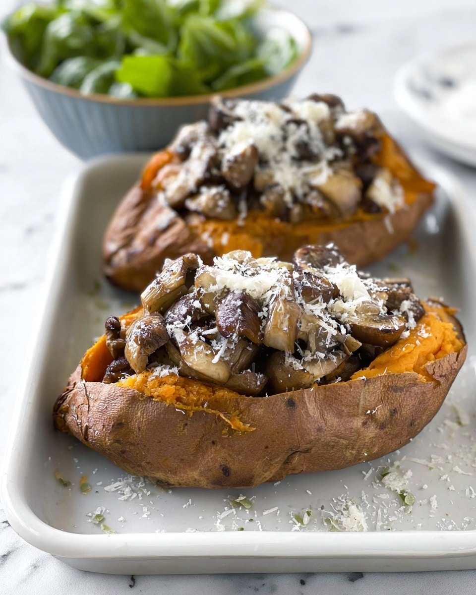 Two baked sweet potatoes are placed on a white tray over a white marbled surface. Each sweet potato is split open in the middle, showing soft orange flesh inside. The potatoes are filled with sautéed mushrooms and onions, which are brown and shiny with a cooked texture. Grated white cheese is sprinkled generously on top of the mushrooms and around the potatoes, adding a fine powdery layer. In the background, there is a white bowl with green leafy salad that is slightly blurred, keeping focus on the stuffed sweet potatoes. photo taken with an iphone --ar 4:5 --v 7