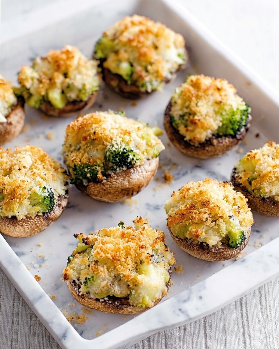 The image shows a white baking tray on a white marbled surface, filled with eight stuffed mushrooms arranged in two rows. Each mushroom has a dark brown base with a large cap, filled with a crumbly mixture of light yellow, green broccoli bits, and some browned cheese on top. The filling looks soft and textured, overflowing slightly from the mushroom caps. Small crumbs are scattered around the mushrooms on the tray. Photo taken with an iphone --ar 4:5 --v 7
