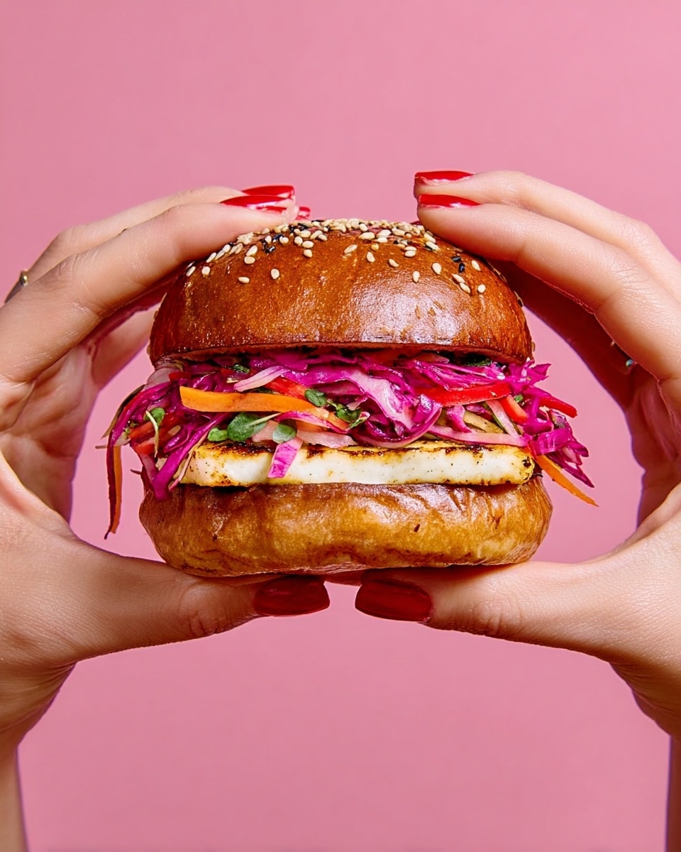 A close-up of a sandwich held by two woman's hands with red nail polish against a plain pink background. The sandwich has a shiny, golden sesame seed bun on top. Below the top bun is a grilled layer of white cheese or tofu with light brown grill marks. Underneath is a colorful mix of thinly sliced red cabbage, red and orange bell peppers, and fresh green herbs, showing a mix of purple, red, orange, and green colors with a fresh, crunchy texture. The bottom layer is a plain bottom bun that looks soft and slightly toasted. photo taken with an iphone --ar 4:5 --v 7