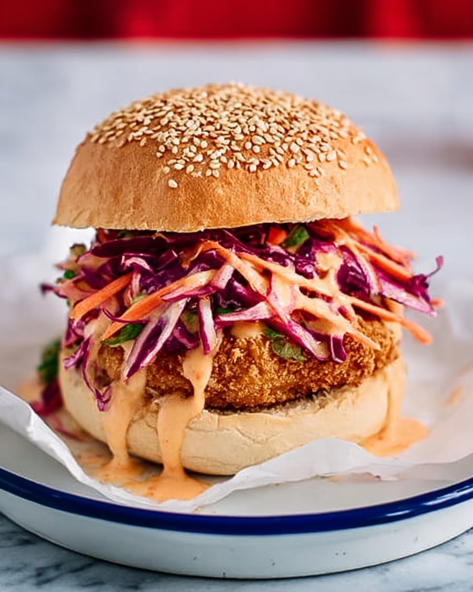 A close-up of a crispy fried chicken sandwich with a sesame seed-covered bun, resting on a white plate with a blue rim lined with white paper. The sandwich has several layers: a soft bottom bun, a layer of creamy sauce, a thick and golden-brown fried chicken patty, a colorful mix of shredded purple cabbage and orange carrot slaw on top, and a drizzle of light orange sauce running down the sides. The top bun is slightly toasted with sesame seeds. The plate is placed on a white marbled surface with a red background and a woman's hand about to grab the sandwich. Photo taken with an iphone --ar 4:5 --v 7