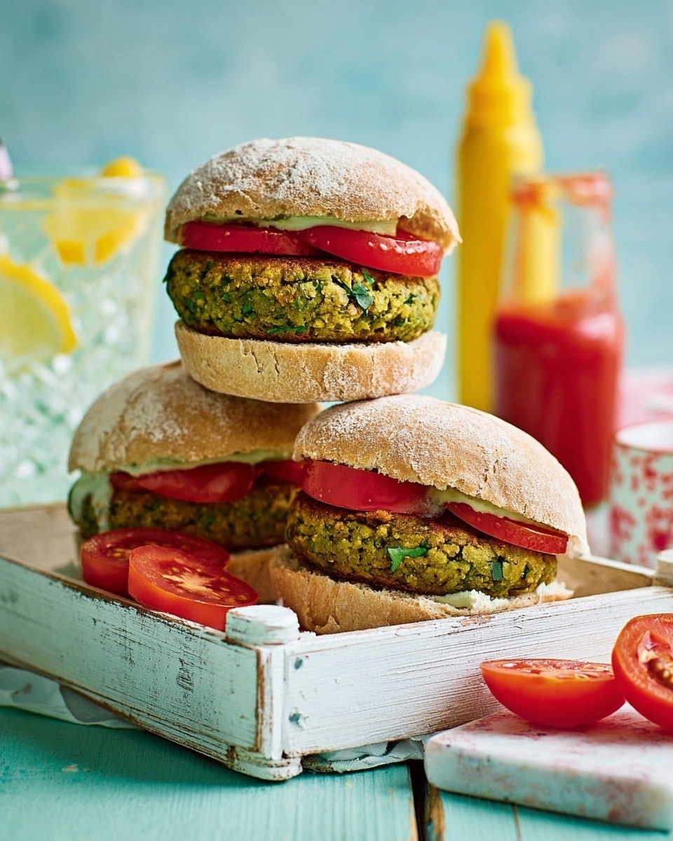 The image shows three green veggie burgers stacked on white sandwich buns with a soft, powdery top layer. Each burger has a thick green patty with visible bits of herbs or vegetables inside. Two burgers have slices of red tomato underneath the top bun, and one burger on top has sliced tomatoes on it with red sauce drizzled over. The burgers sit on a worn, painted wooden board placed on a white marbled surface with a yellow checkered cloth underneath. Nearby, there are several tomato slices, a white glass with a cold drink, and a red ketchup bottle. The background is a soft blue with a blurred colorful cloth visible. photo taken with an iphone --ar 4:5 --v 7