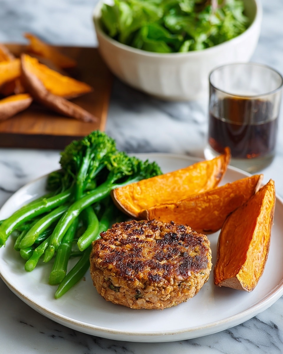 The image shows a white plate on a white marbled surface with a round brown patty featuring bits of onion and herbs as the main layer in the front center. To the right of the patty, there are several golden-orange sweet potato wedges, slightly charred and crispy on the edges. On the left side of the patty, there are bright green steamed broccolini and snap peas. In the background, there is a clear glass with a dark drink and a white bowl filled with fresh green salad leaves. A wooden board holds more sweet potato wedges further back. photo taken with an iphone --ar 4:5 --v 7