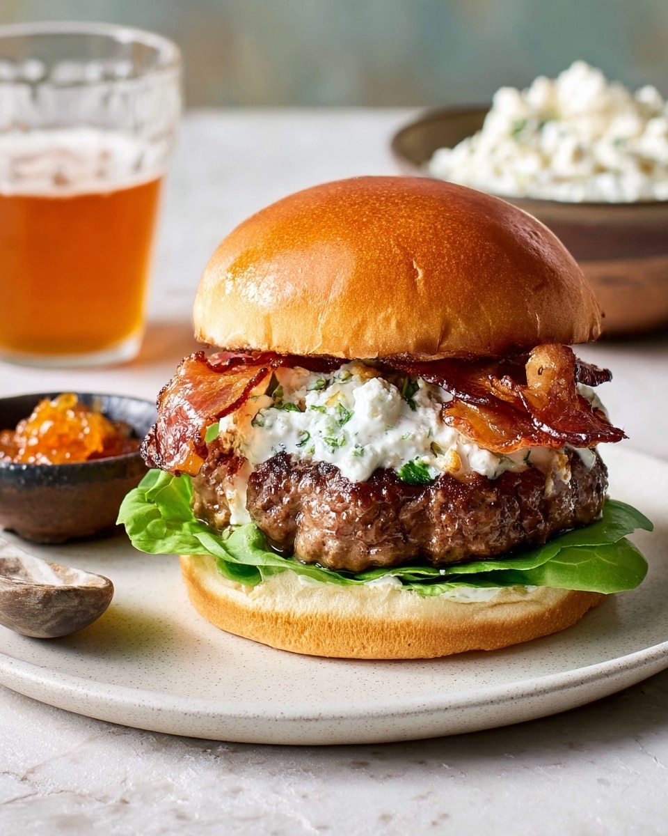 A tall burger sits on a white plate with green and brown leaf lettuce on the bottom bun. Above the lettuce is a thick beef patty covered in creamy white sauce with herbs, and melted cheese peeks out from under the patty. Crispy caramelized bacon strips are layered on top, with a shiny golden-brown bun crowning the stack. Some orange sauce drips slightly over the edge of the bottom bun. In the background, a white bowl with green garnish and a glass of amber beer are blurred. The plate is on a white marbled surface. photo taken with an iphone --ar 4:5 --v 7
