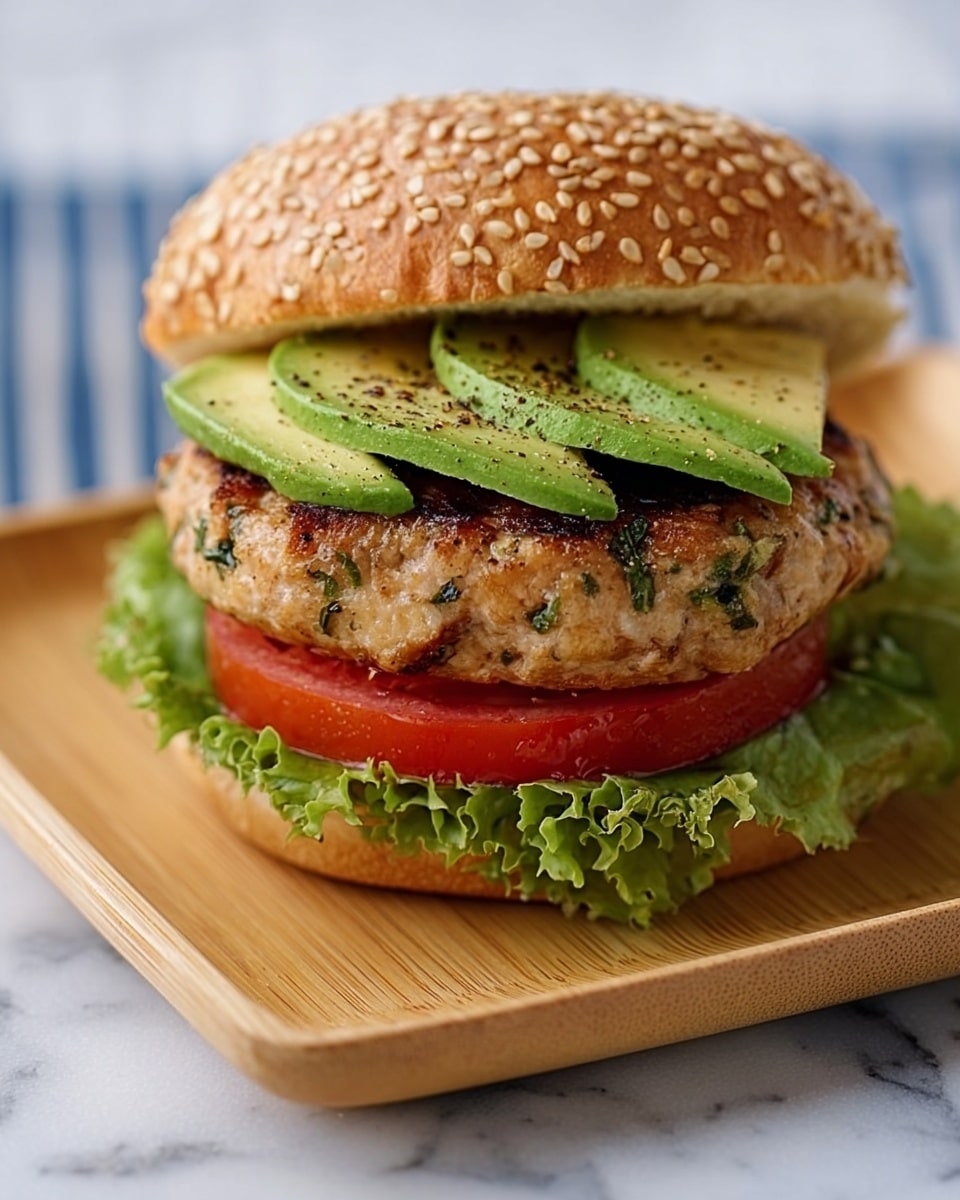 A sesame seed bun sandwich with four visible layers: the bottom layer is fresh, light green lettuce with ruffled edges; above it are two thick, red slices of tomato; next is a round, browned grilled patty mixed with green herbs; the top layer consists of three slices of green avocado sprinkled with black pepper, all held together under the top sesame bun. The sandwich sits on a white plate with a smooth, wood-like texture, placed on a blue cloth over a white marbled surface. photo taken with an iphone --ar 4:5 --v 7