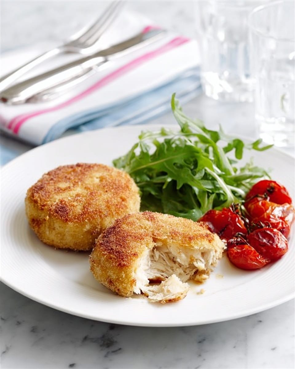 The image shows a white plate with two golden-brown crab cakes placed side by side, with one crab cake slightly broken open to show its light and flaky inside texture. To the right of the crab cakes, there is a small bunch of fresh green arugula leaves and a cluster of roasted red cherry tomatoes, some with light blistering on their skins. The plate sits on a white marbled table with a glass of water and a fork resting on a folded, striped pastel cloth in the background. photo taken with an iphone --ar 4:5 --v 7
