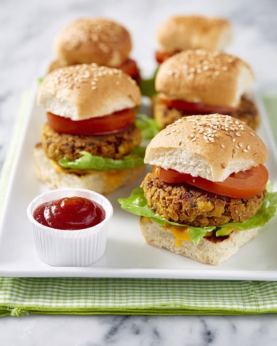 The image shows a white rectangular plate on a white marbled surface, with four mini burgers neatly arranged in two rows. Each burger has three visible layers: a toasted brown seeded bun on top, a bright red tomato slice in the middle, and a golden crispy patty sitting on a fresh green leaf of lettuce. The bottom bun is lightly toasted and holds the layers together. To the front left of the plate, there is a small white cup filled with red ketchup. The overall look is neat and colorful with a fresh and tasty feel. Photo taken with an iphone --ar 4:5 --v 7