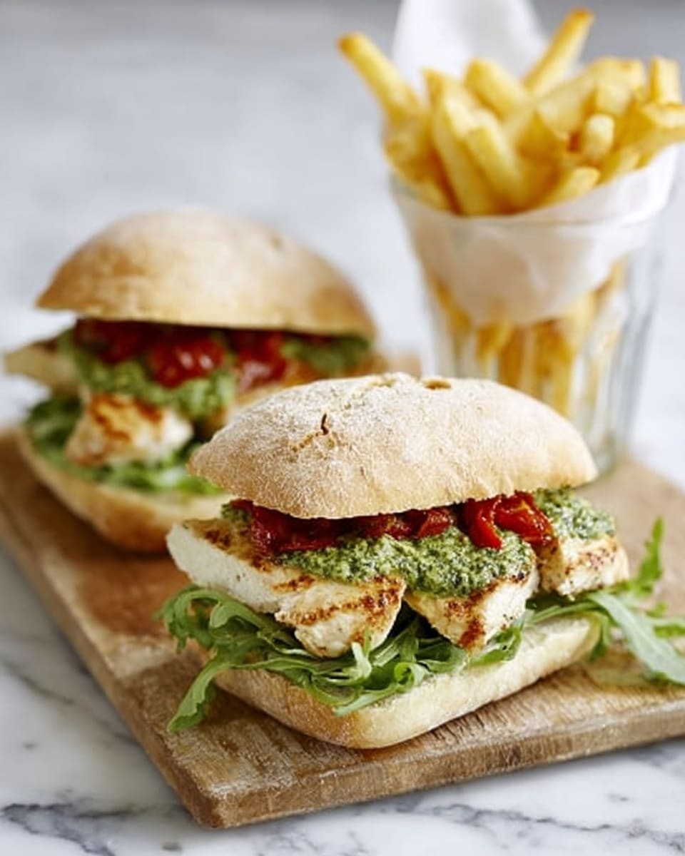 The image shows two sandwiches on a wooden board with a white marbled background. Each sandwich has three visible layers: the bottom layer is a soft white ciabatta bread, the middle layer includes green lettuce and red roasted peppers, and on top of that is a thick, golden-brown breaded chicken patty. The chicken is topped with a green pesto sauce that is slightly dripping down the sides. The sandwiches are covered with a fluffy white ciabatta top. To the right of the sandwiches, there is a clear glass cup filled with golden yellow French fries. Photo taken with an iphone --ar 4:5 --v 7