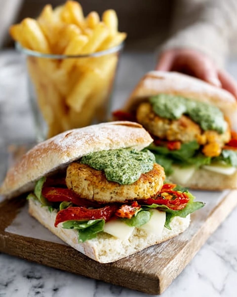 Two sandwiches sit on a wooden board placed on a white marbled surface. Each sandwich has a light beige ciabatta bun with a soft, slightly floury top. Inside, the sandwiches show three distinct layers: a bottom layer of crisp green lettuce and some arugula leaves, a middle layer of a golden-brown grilled piece of chicken or fish, and a top layer of a drizzle of green pesto sauce with visible texture, along with pieces of bright red roasted peppers. Beside the sandwiches, there is a clear glass filled with thick, golden-yellow fries on the board. Photo taken with an iphone --ar 4:5 --v 7