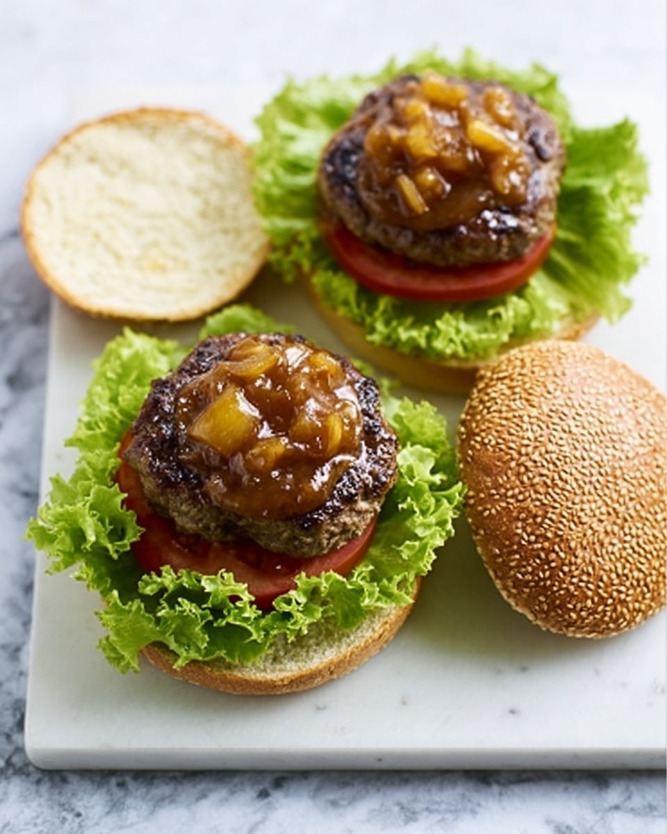 Two open sesame seed sandwich buns lie on a wooden board with a white marbled background. Each sandwich has three layers: a fresh green curly lettuce leaf at the bottom, a bright red tomato slice in the middle, and a thick, grilled dark brown meat patty on top. The patties have a shiny brown sauce with small bits of yellow on them. One sandwich's top bun is set beside it with a golden toasted inside, and the other top bun lies further back showing its plain inside. The photo is taken with an iphone --ar 4:5 --v 7