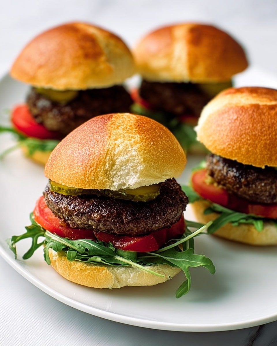 Three burgers sit on a white plate placed on a white marbled surface. Each burger has three layers inside a soft, round, light golden bun. The bottom bun holds green leafy lettuce, bright red tomato slices, and small green pickles mainly on the side. Above that, there is a thick, juicy, dark brown grilled beef patty with a slightly rough texture. The top bun is placed slightly tilted on each burger, revealing the layers below. The lighting is soft and natural, showing the fresh and rich colors of the ingredients clearly. Photo taken with an iphone --ar 4:5 --v 7