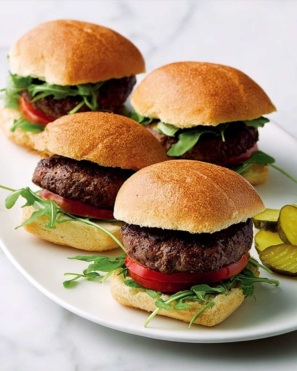 Three small burgers are arranged on a white marbled surface, each in a soft, light golden bun with a slightly cracked top layer. Inside each burger, there is a thick, dark brown grilled meat patty, sitting above a bed of fresh, green leafy arugula. Below the meat patty, bright red slices of tomato provide a fresh contrast, along with small green pickle slices tucked to the sides. The buns' soft texture contrasts with the juicy, slightly charred look of the patties and the crisp vegetables. The photo taken with an iphone --ar 4:5 --v 7