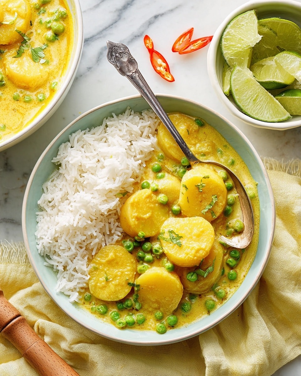 The image shows a bowl with two layers: on the left side, there is white rice with a soft texture, and on the right side, a thick yellow curry with round potato slices and bright green peas mixed throughout. A silver spoon is partially inside the bowl, scooping up some curry and rice. Behind it, a white pot filled with more yellow curry and kidney-shaped red chili peppers is visible. On the right side, there is a small white bowl filled with lime wedges. The background is a white marbled texture with a light yellow cloth and a wooden rolling pin placed behind the main bowl. Photo taken with an iphone --ar 4:5 --v 7