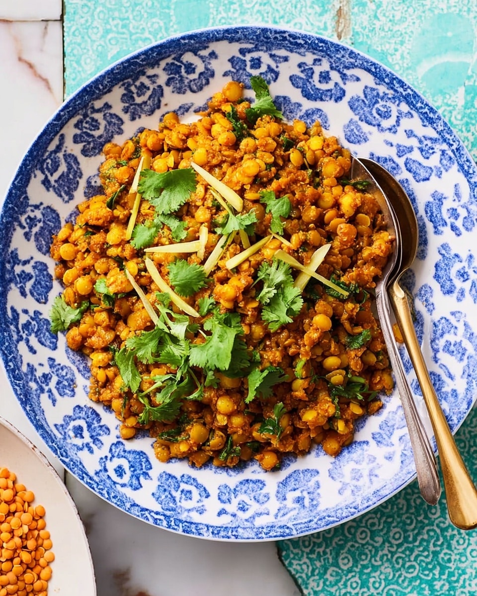 A white plate with blue and green leaf patterns holds a layered dish of cooked yellow lentils mixed with reddish spices, giving a warm orange-brown color and a soft, chunky texture. On top, there is a fresh layer of bright green cilantro leaves and thin pale yellow strips that look like ginger. Two metal spoons rest on the plate's edges, one on the right and one on the left. The plate is set on a bright wooden table with a white marbled surface visible near the edges. Part of another similar plate with the same dish appears at the top right corner. Photo taken with an iphone --ar 4:5 --v 7