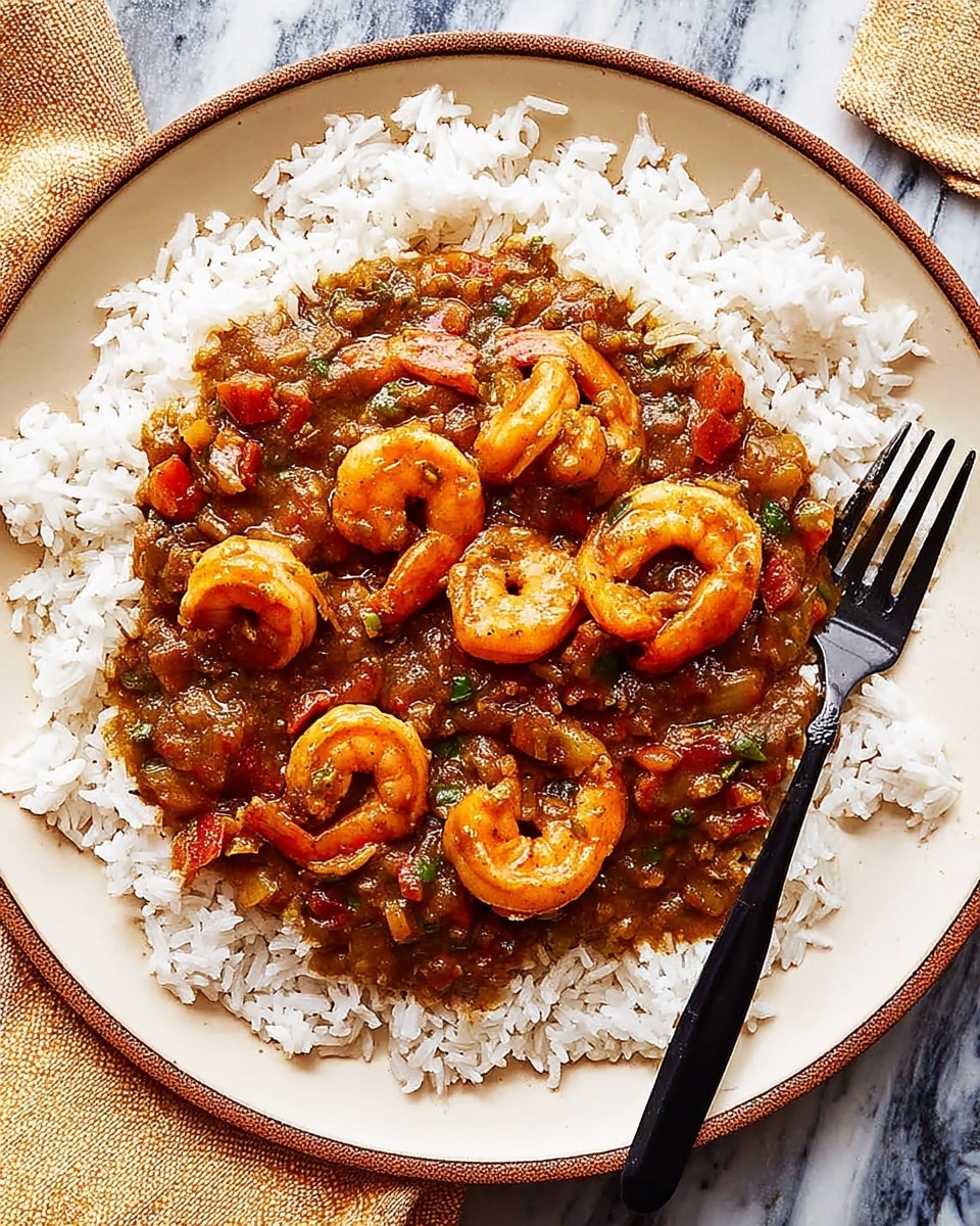 A round white plate holds a bed of fluffy white rice arranged in a thick, even layer on the bottom. On top of the rice, there is a generous layer of shrimp in a brown sauce with small pieces of red bell pepper and onions, evenly spread across the center. The shrimp are orange and slightly curled, showing a textured surface. A black fork rests on the right edge of the plate, leaning towards the shrimp. The plate is set on a white marbled surface with a golden-colored cloth napkin nearby. Photo taken with an iphone --ar 4:5 --v 7