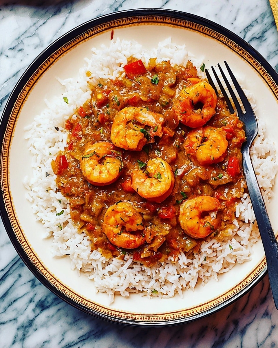 A white plate holds a bed of fluffy white rice as the base layer, topped with a thick brown shrimp curry sauce full of small diced vegetables and whole cooked shrimp scattered evenly across. The shrimp have a light orange color and curved shape. A black fork rests on the right edge of the plate, which sits on a white marbled surface with a partial view of a yellow cloth napkin to the side. Photo taken with an iphone --ar 4:5 --v 7