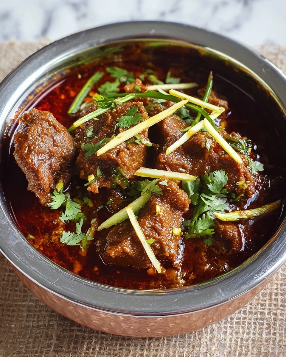 The dish is served in a round white steel bowl filled with a rich, dark reddish-brown curry. Inside, there are several pieces of meat covered in thick, textured sauce. On top, thin strips of pale yellow ginger are scattered alongside fresh green cilantro leaves, adding contrast and freshness. The bowl sits on a white marbled surface, enhancing the colors of the curry and garnish. photo taken with an iphone --ar 4:5 --v 7