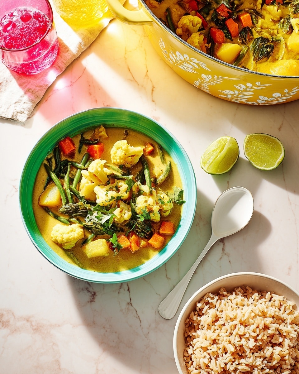 A colorful vegetable curry is shown in a white bowl with a blue inside. The dish has several layers: the first layer is a creamy yellow curry sauce that fills the bowl; on top of the sauce are chunks of orange carrots, white cauliflower florets, halved white baby potatoes, green beans, and some red chili slices, all mixed throughout with green chopped herbs. Behind the bowl, a yellow pot with white leaf designs holds more of the same vegetable curry. Nearby, a white bowl is filled with light brown cooked rice, showing many separate grains. A white spoon lies next to the curry bowl with a small lime wedge beside it, and four more lime wedges are placed on a small board near the pot. The entire scene is set on a white marbled surface with a soft pink gradient background. Photo taken with an iphone --ar 4:5 --v 7