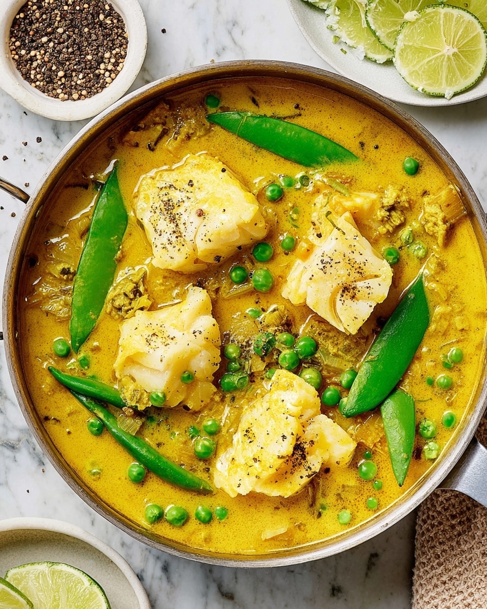 A round silver pan filled with a yellow curry broth that covers large white chunks of fish, scattered bright green peas and several green snap peas on top. The fish pieces have a tender, flaky texture, some with light searing and gentle black pepper sprinkled across. The snap peas and peas add a fresh, vibrant green color contrast to the warm yellow curry. The pan is set on a white marbled surface, with a small bowl of black pepper and another plate visible around it, enhancing the rustic and fresh feeling of the dish. photo taken with an iphone --ar 4:5 --v 7