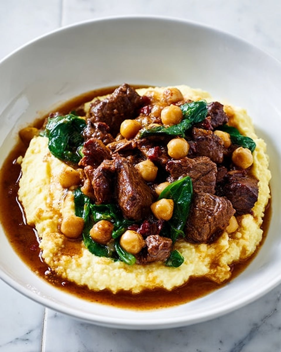 A white bowl contains two main layers: one side has a creamy, light yellow mashed texture with soft peaks, while the other side features dark brown chunks of stewed beef mixed with light beige chickpeas and small bright green spinach leaves, all covered in a shiny, rich brown sauce pooling slightly at the bottom. The dish sits on a white marbled surface. photo taken with an iphone --ar 4:5 --v 7