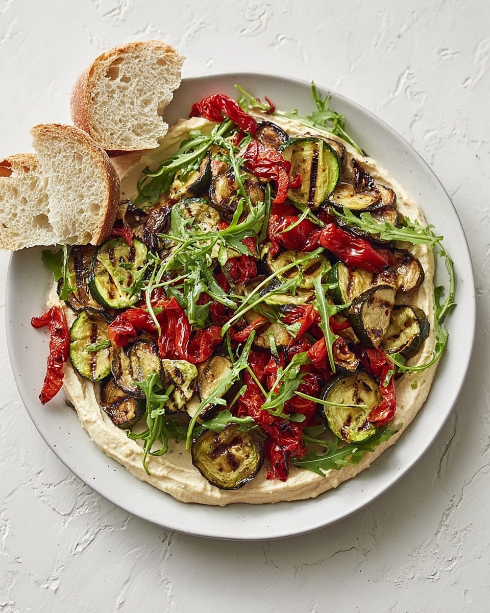 A white plate on a white marbled surface holds a colorful, layered dish of grilled vegetables and greens. The bottom layer is a creamy white spread, topped with charred, dark grill-marked slices of zucchini and eggplant in shades of green and deep purple. Bright red roasted pepper pieces are scattered on top next to the vegetables. Fresh green arugula leaves are spread evenly over the whole plate, adding a crisp texture and a pop of color. A few pieces of light, sliced bread rest at the edge of the plate. photo taken with an iphone --ar 4:5 --v 7