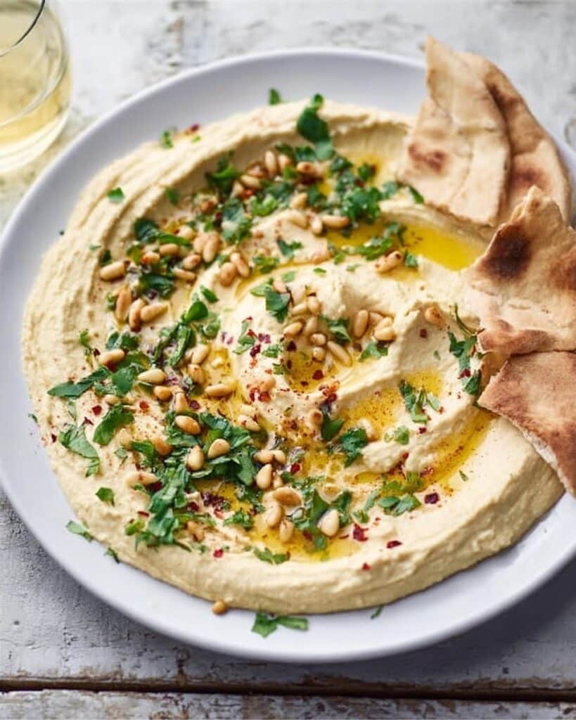Lemony Spiced Hummus with Harissa, Pine Nuts, and Fresh Herbs Recipe