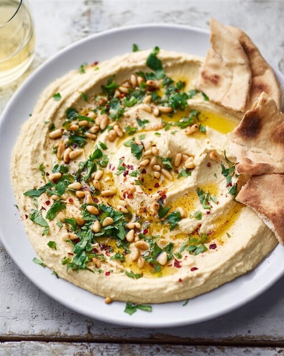 A white plate holds a creamy layer of light yellow hummus with a smooth texture and swirled pattern. On top, there are scattered toasted pine nuts that are golden brown, fresh bright green parsley leaves, and small bits of deep red sun-dried tomato pieces. Two pieces of pita bread rest on the right side of the plate, slightly dipped into the hummus, showing a soft inside and a slightly crunchy edge. The setting is on a white marbled surface with a glass of pink drink partly visible nearby. Photo taken with an iphone --ar 4:5 --v 7