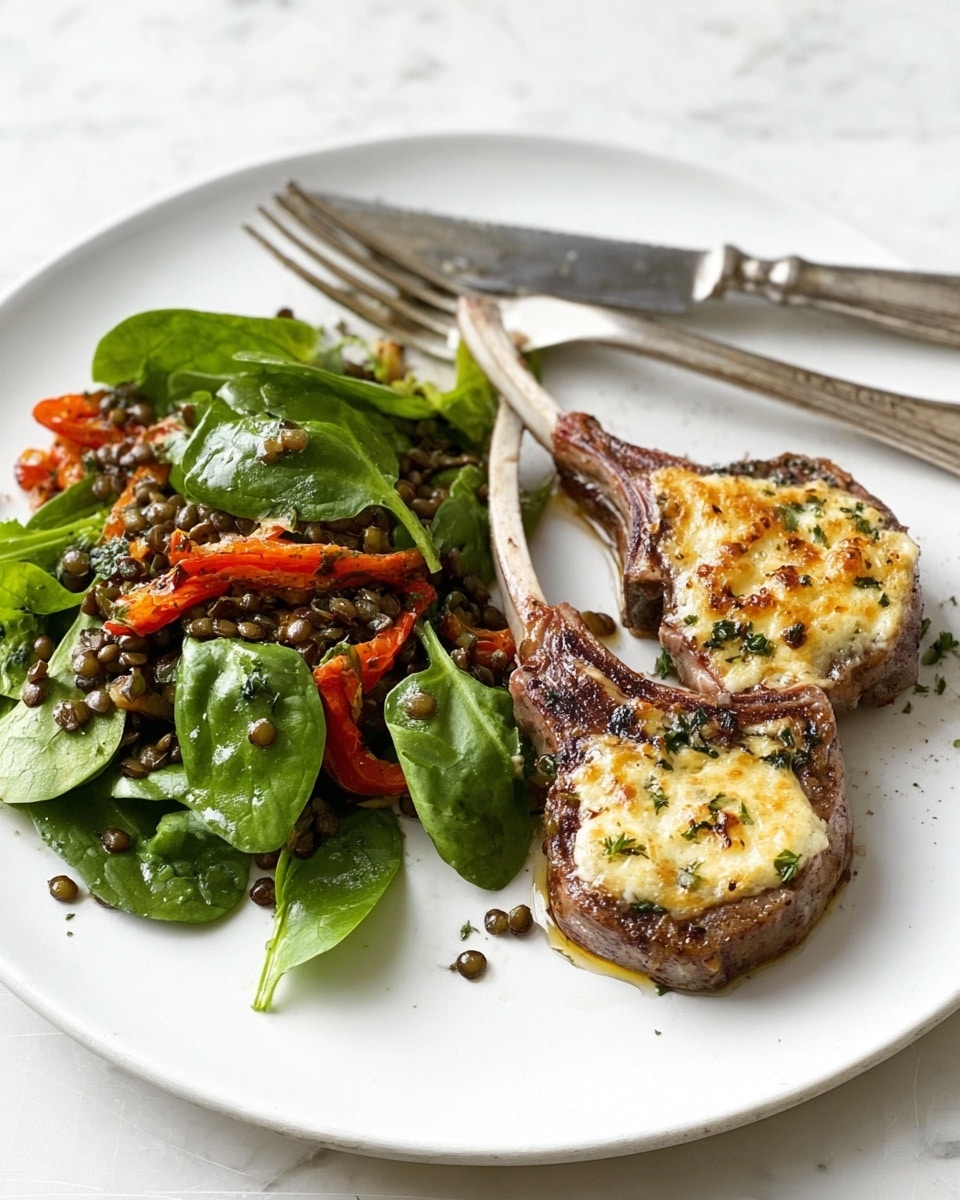 A white plate sits on a white marbled surface holding a meal with three main parts: two pieces of lamb chops on the right, each topped with a golden, creamy cheese layer that looks slightly browned on top, and two small round toasted bread slices under the lamb. On the left side of the plate is a bed of fresh spinach leaves, dark green and smooth, mixed with small dark lentils, and roasted red pepper strips that have a shiny, slightly wrinkled texture. A silver fork is placed on the left side of the plate, resting on the edge. photo taken with an iphone --ar 4:5 --v 7