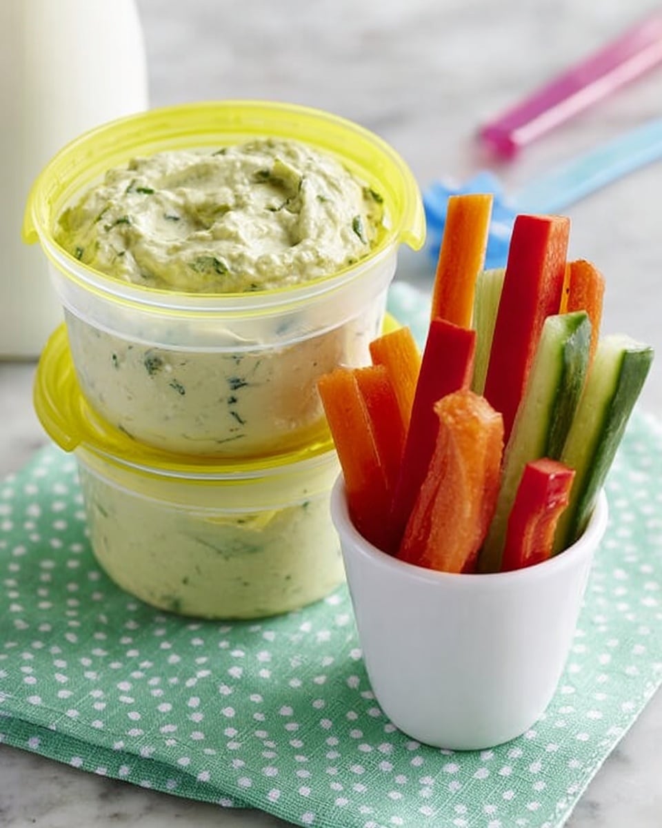 The image shows two small white containers stacked, filled with a thick, creamy green dip that looks smooth with bits of herbs; next to it, a white cup holds fresh vegetable sticks arranged vertically, including bright red bell pepper strips, orange carrot sticks, and green cucumber sticks with a fresh, crisp texture. The items rest on a green cloth with white polka dots, placed on a white marbled surface. In the background, there is a tall, beige drink container partly visible, all lit with soft natural light. Photo taken with an iphone --ar 4:5 --v 7