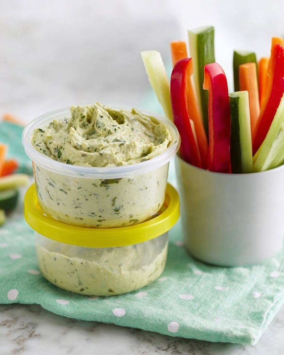The image shows a clear container with two layers of creamy, light green dip with small green bits, topped with a drizzle of oil, placed on a green fabric with white dots. Next to it, there is a white cup holding tall, thin sticks of red bell pepper, orange carrot, and green cucumber, all standing upright. The background is a white marbled surface. Photo taken with an iphone --ar 4:5 --v 7