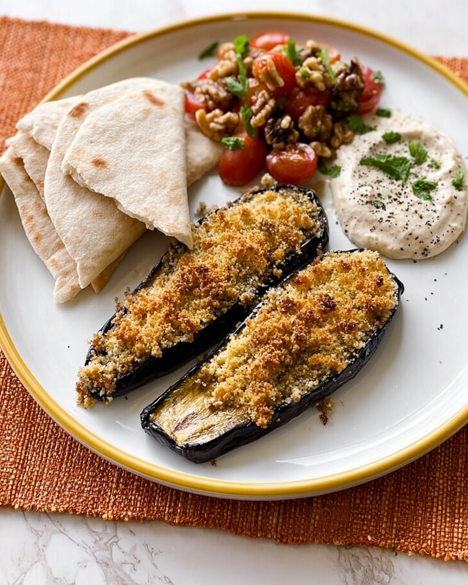 The image shows a white plate with a thin gold rim, placed on a folded orange cloth on a white marbled surface. On the plate, there are two long slices of eggplant with a golden, crispy topping that looks crumbly and textured. To the left, there are two folded pieces of pita bread, light beige with soft, slightly uneven brown spots. Behind the eggplant slices, there is a creamy white sauce with small black specks, likely seasoning. To the right of the sauce, there is a fresh salad made of halved cherry tomatoes, small green herbs, and bits of light brown nuts or seeds, creating a colorful mix of red, green, and brown shades. photo taken with an iphone --ar 4:5 --v 7