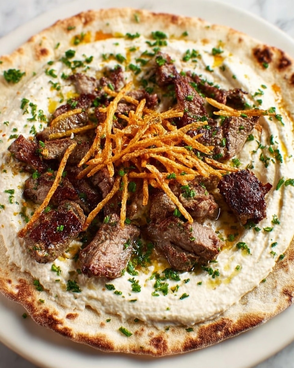 The image shows a flatbread spread with a thick, creamy off-white layer of hummus covering most of its surface. On top of this hummus, there are several pieces of grilled meat that are brown with darker charred edges, arranged in the center. Above the meat, there is a layer of thin, crispy golden-brown fried potato sticks sprinkled with finely chopped green herbs. The flatbread and toppings rest on a white plate set against a white marbled textured surface. photo taken with an iphone --ar 4:5 --v 7