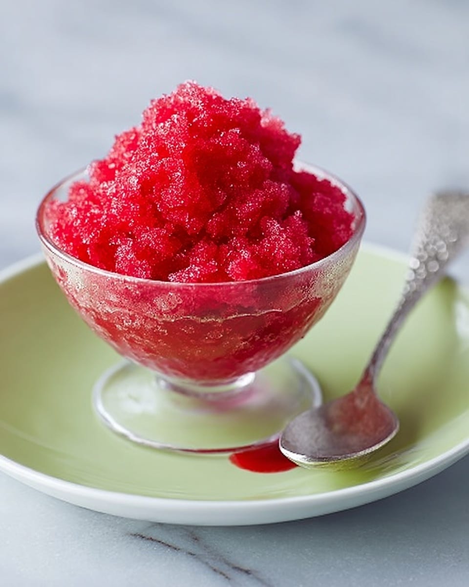 A small glass bowl filled with bright red granita that has a rough, icy texture piled high above the rim, sitting on a white plate. A polished silver spoon with a textured white handle rests beside the bowl on the plate. The setup is placed on a white marbled surface. photo taken with an iphone --ar 4:5 --v 7