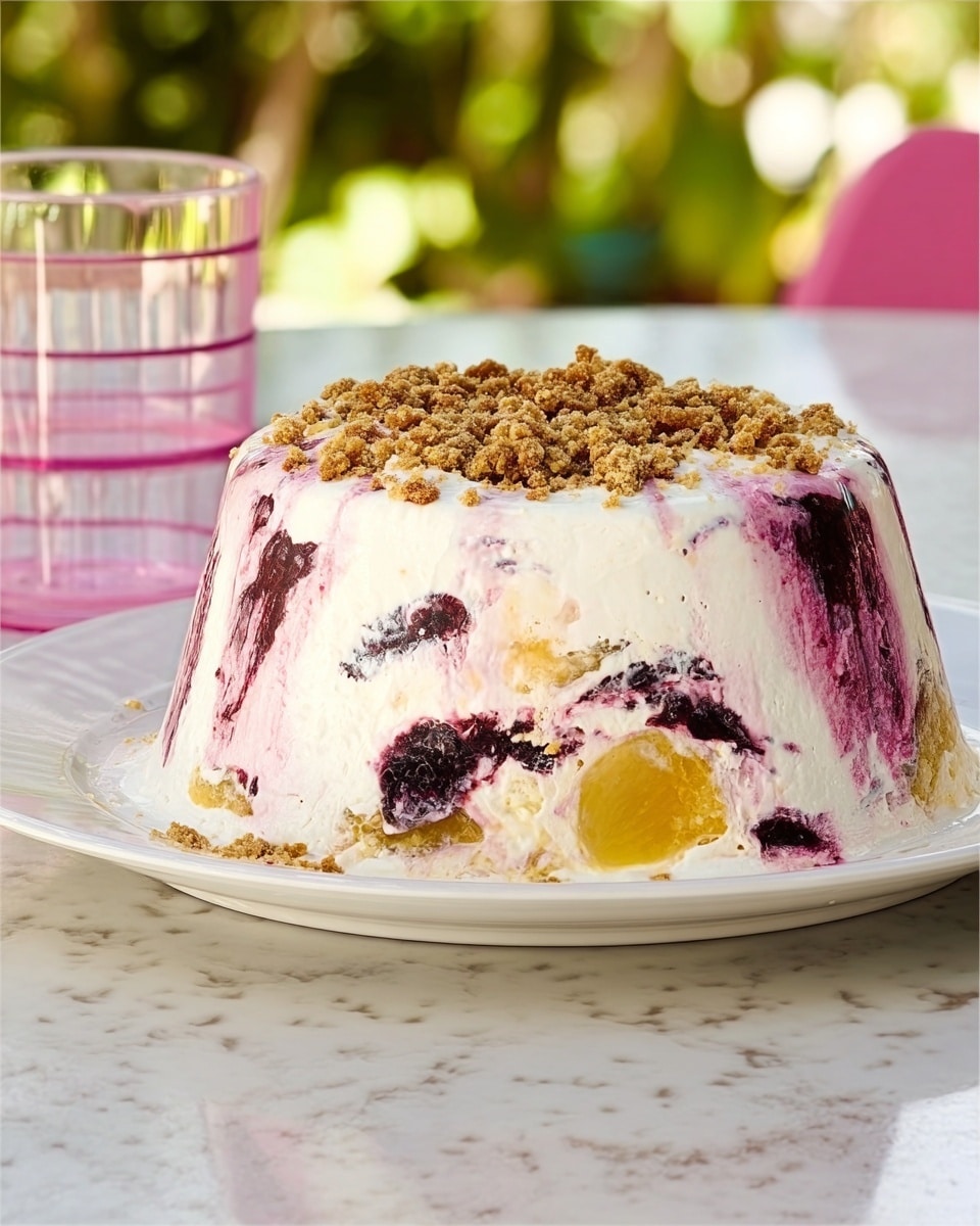 A dome-shaped dessert sits on a white plate over a pink cloth with a white marbled texture surface beneath. The outside layer is creamy white with swirls of reddish-purple fruit sauce and topped with small golden crumb pieces. Inside, the dessert shows distinct layers: a central smooth yellow core, surrounded by a thicker white creamy layer with dark purple fruit fillings embedded irregularly. The different textures create a mix of smooth cream, soft fruit, and crunchy topping. Photo taken with an iphone --ar 4:5 --v 7