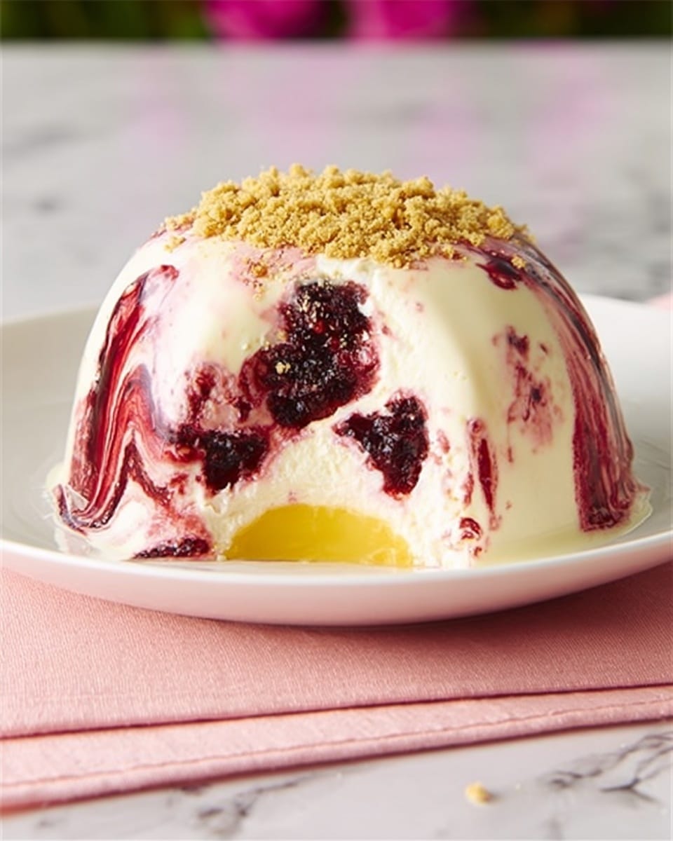 A dome-shaped dessert sits on a white plate, with an outer layer of smooth white cream marked by streaks of dark purple and red syrup that swirl around it. The top is sprinkled with small golden-brown crumb pieces. Inside, there is a distinct bright yellow round layer in the center, surrounded by thick white cream and small patches of the same dark purple and red syrup. The dessert shows one slice removed, revealing its layered interior. The background has a white marbled surface and soft green tones behind, with a woman's hand visible near the edge. Photo taken with an iphone --ar 4:5 --v 7