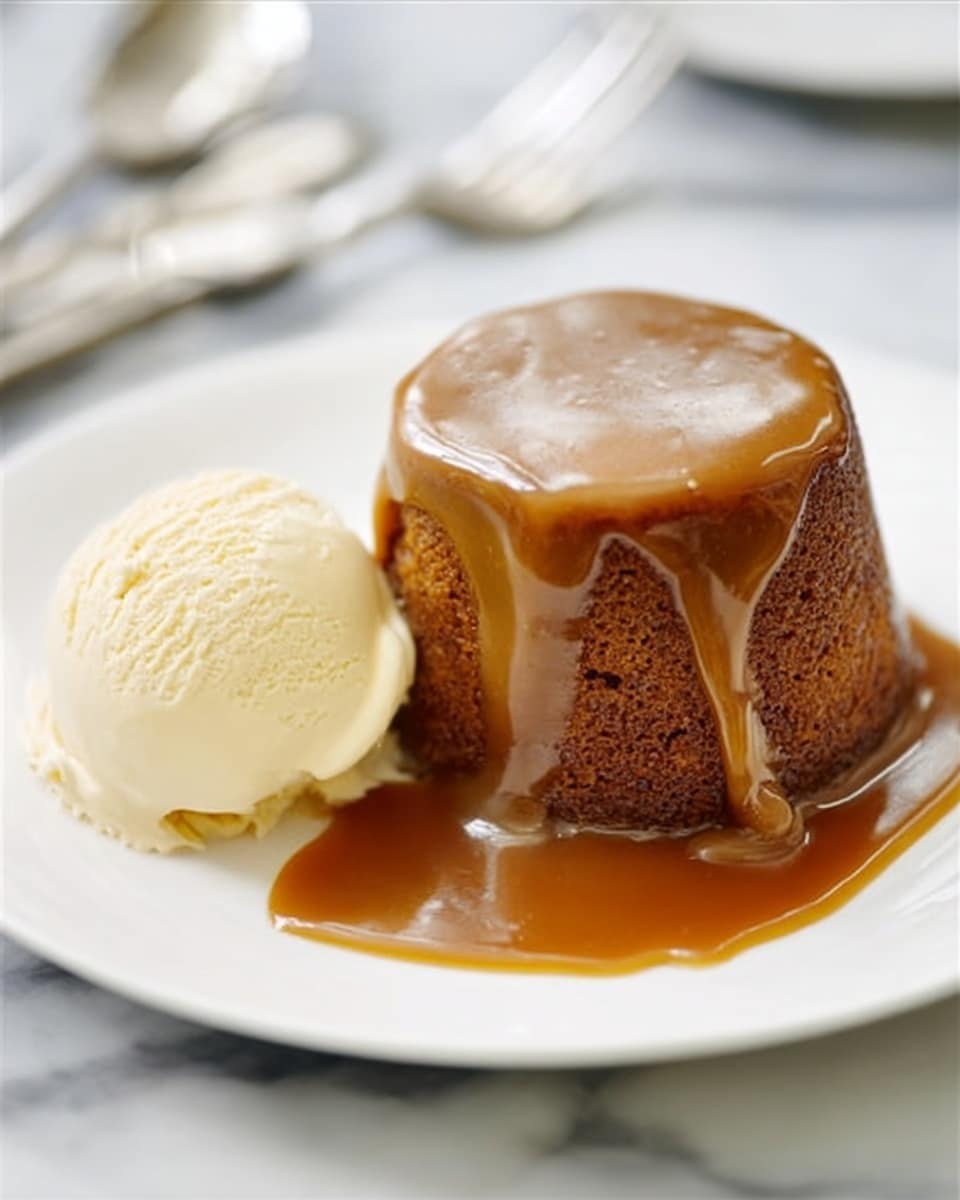 A round sticky toffee pudding sits on a white plate with intricate edges, covered in thick, shiny caramel sauce that drips smoothly down the sides, pooling slightly at the base. Next to the pudding is a single scoop of pale vanilla ice cream with a soft, creamy texture, placed close but not touching the dessert. The plate rests on a white marbled surface, with a metal spoon and fork on the right side, slightly blurred in the background. The overall look is warm and inviting with rich brown and creamy white colors. photo taken with an iphone --ar 4:5 --v 7