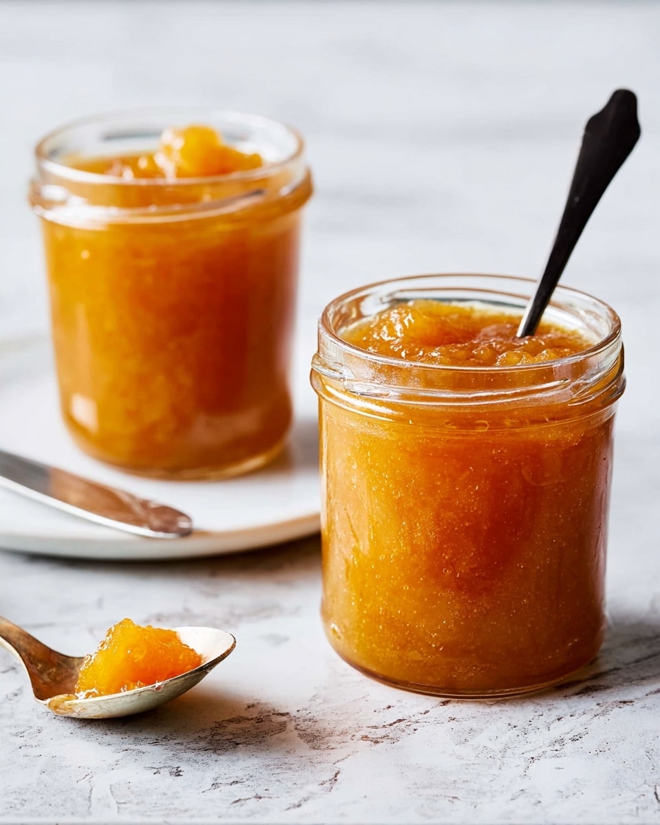 The image shows two glass jars filled with a thick, orange-yellow fruit jam. One jar is in the front left and is shorter and wider with a textured surface, while the jar behind it is taller and smoother. The jam inside looks chunky and shiny, with a spoon sticking out of the taller jar. In front of the jars, there is a silver spoon with some jam on it, resting on a white marbled textured wooden surface. The background is light and simple, emphasizing the jars and jam. Photo taken with an iphone --ar 4:5 --v 7
