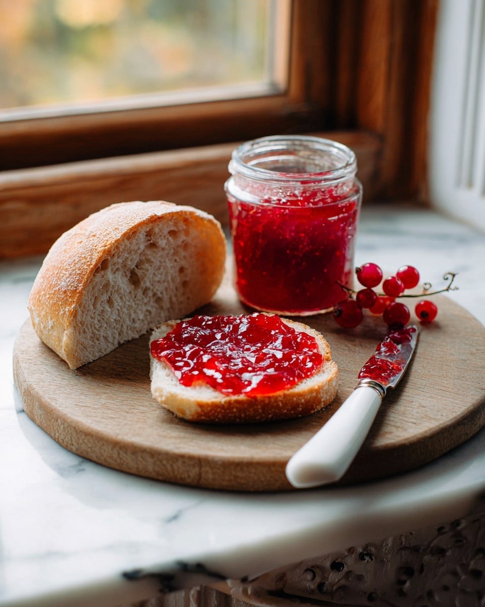A thick slice of crusty bread with a rough, golden-brown crust and soft, light beige inside sits on a round wooden board. The slice is spread with a bright red, glossy jam that has a slightly chunky texture. Behind the slice is a half loaf of the same bread showing its airy crumb. Next to the bread is a small glass jar filled with the same shiny red jam, and a cluster of fresh red currants rests nearby. A knife with a white handle lies on the wooden board beside the jar. The scene is set on a white marbled surface near a window with soft natural light. photo taken with an iphone --ar 4:5 --v 7