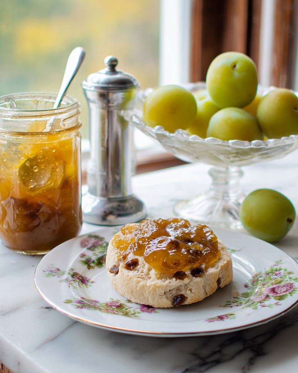 A white plate with a floral pattern holds a single slice of raisin bread spread generously with a shiny, golden-yellow jam layer on top, showing a slightly rough texture of the bread beneath. To the left of the plate is a glass jar filled with the same golden-yellow jam, with a spoon sticking out of it. In the background on a white marbled surface, there is a tall, clear glass pedestal bowl filled with small yellow-green plums, along with a few plums scattered around it. Behind the plate and jar, a clear glass salt shaker stands near a wooden window frame with a blurred green outside view. photo taken with an iphone --ar 4:5 --v 7