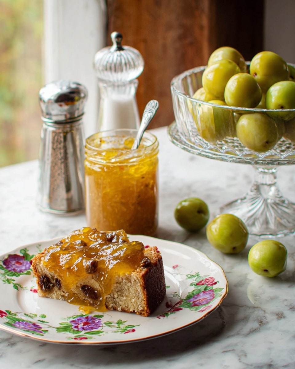 The image shows a white plate with floral designs holding a split scone filled with small dark raisins, topped with a shiny layer of golden-yellow jam. To the left on a white marbled surface, there's a clear glass jar filled with the same jam, with a silver spoon inside it. Behind the jam jar, a tall clear glass salt shaker is visible. On the right side, a transparent glass footed bowl holds several whole yellow-green plums, and a few plums are scattered nearby, one cut open showing the seed. In the background, the scene includes a window with a blurry outdoor view. Photo taken with an iphone --ar 4:5 --v 7
