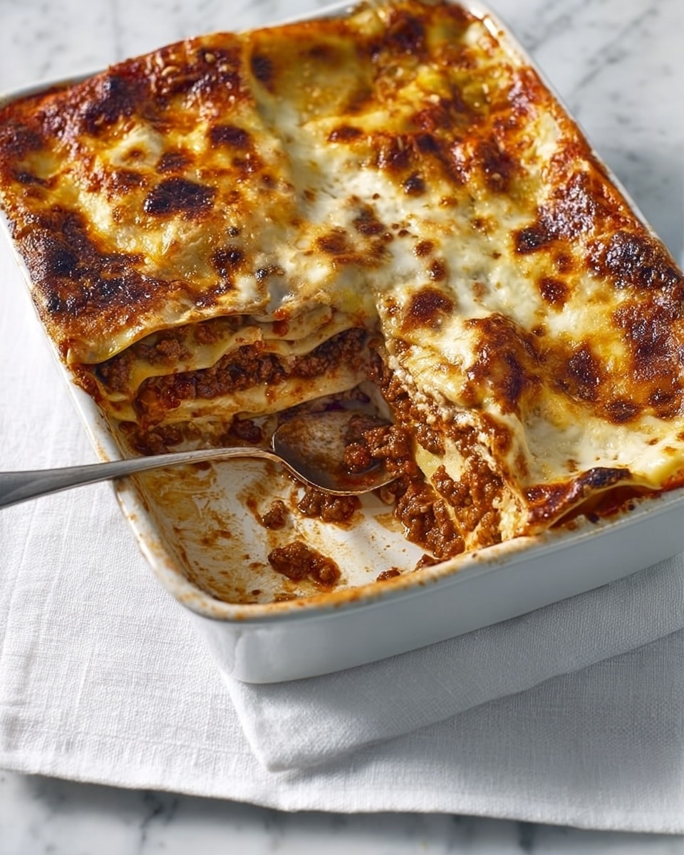 The image shows a baked lasagna in a white rectangular dish with a golden-brown, slightly crispy cheese layer on top. One corner is cut out, revealing multiple layers including a light creamy sauce layer, a brown cooked meat sauce layer with visible small chunks, and wide, flat pale yellow pasta sheets that separate each filling. A silver spoon resting on the dish has some sauce on it, and the dish is placed on a white marbled surface with a folded white cloth nearby. Photo taken with an iphone --ar 4:5 --v 7