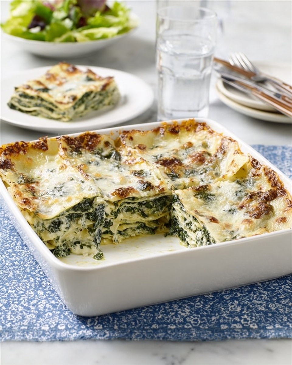 A white square baking dish on a white marbled surface holds a spinach lasagna with several visible layers: a top layer with melted cheese mixed with green spinach leaves, beneath which are united pasta sheets and creamy white sauce with spinach filling. One square piece is cut out, showing the layers inside more clearly, revealing the thickness and mix of pasta and filling. Behind the dish, a white bowl with fresh green salad sits slightly blurred. On the right side, a white plate with a serving of the same lasagna rests near a silver fork on the marbled surface. Photo taken with an iphone --ar 4:5 --v 7