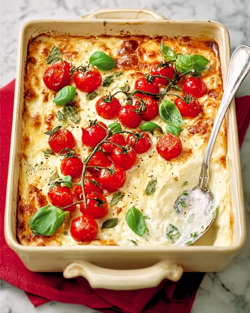 The image shows a rectangular beige baking dish filled with a creamy baked dish. The top layer is golden brown with melted cheese and scattered whole bright red cherry tomatoes on the vine. Small fresh green basil leaves are placed on top, adding a fresh look. The dish is sitting on a white marbled surface with a red cloth nearby, and a large silver serving spoon rests inside the dish, partly submerged in the creamy layers beneath the tomatoes. Photo taken with an iphone --ar 4:5 --v 7