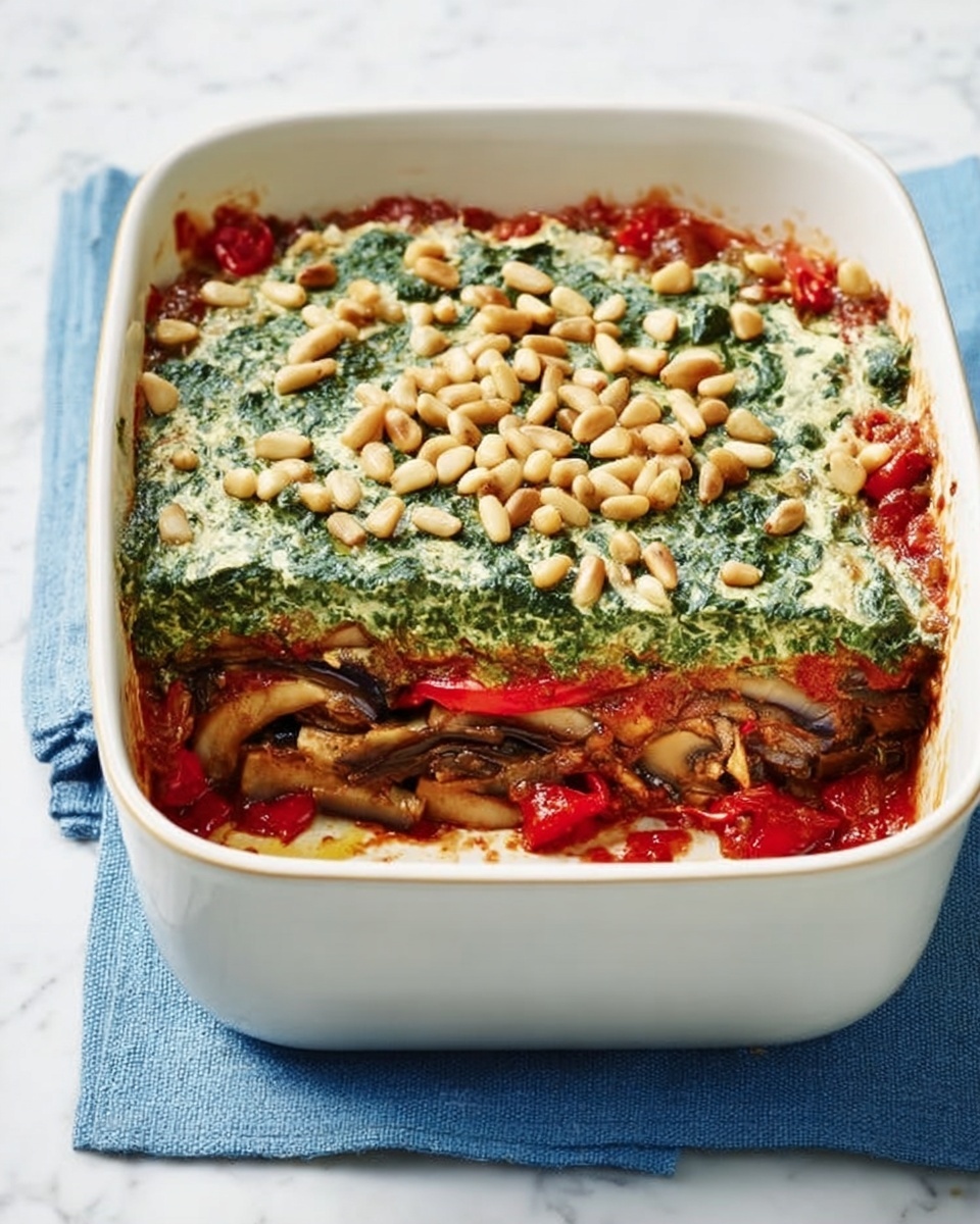 The image shows a white square baking dish on a folded turquoise cloth set on a white marbled surface. The dish contains a layered casserole with a visible portion cut out on the front right side. The bottom layer is a rich red tomato sauce with slices of mushrooms and pieces of red bell pepper. Above that is a savory layer featuring a mix of cooked vegetables in a brownish hue. The top layer is a thick, creamy green spinach mixture, generously sprinkled with golden toasted pine nuts. The texture of the spinach layer looks smooth but slightly chunky, and the pine nuts add a crunchy contrast. photo taken with an iphone --ar 4:5 --v 7