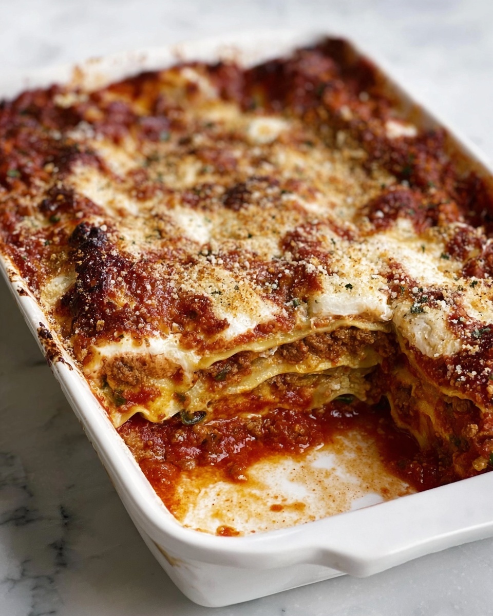 A white rectangular baking dish holds a layered lasagna with visible layers of golden melted cheese and rich red tomato sauce interspersed with brownish ground meat and green spinach or herbs. The top layer is a browned, crumbly cheese with crispy edges. Part of the lasagna is already cut, showing the thick layered structure inside with soft pasta sheets and sauce layers. The dish is placed on a white marbled texture surface. photo taken with an iphone --ar 4:5 --v 7