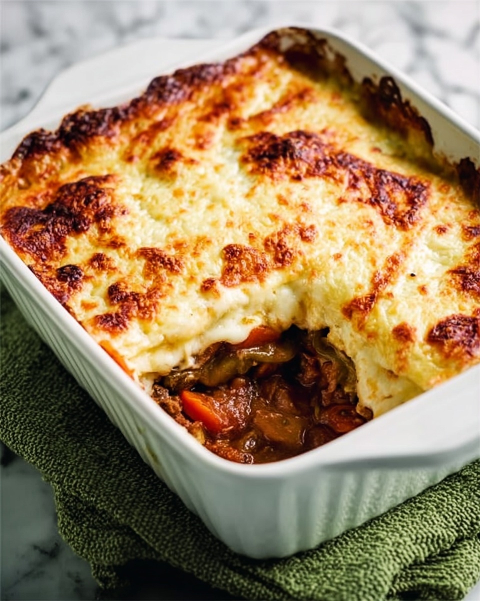 A white square baking dish filled with a baked lasagna-like dish, with a thick, golden-brown cheese layer on top that has darker browned spots and a bubbly texture. One corner is scooped out to show layers beneath: a layer of rich tomato sauce with chunks of vegetables or meat in deep red and brown shades, and underneath the cheese crust. The dish sits on a soft green cloth with a white marbled surface underneath. photo taken with an iphone --ar 4:5 --v 7