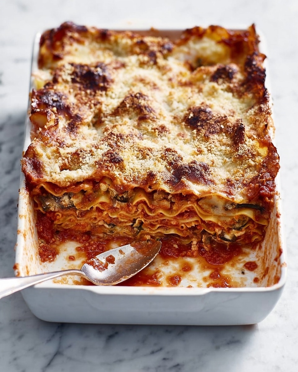 A white rectangular baking dish filled with a rich lasagna, showing around six visible layers: the bottom layer is red tomato sauce with chunks of meat and mushrooms, followed by a light yellow pasta sheet, then a layer of creamy white cheese with sliced mushrooms, another pasta sheet, topped with a layer of cooked green zucchini slices covered in melted cheese and golden toasted breadcrumbs. A silver spoon with some sauce and filling rests on the edge of the dish. The background shows a white marbled texture surface. Photo taken with an iphone --ar 4:5 --v 7
